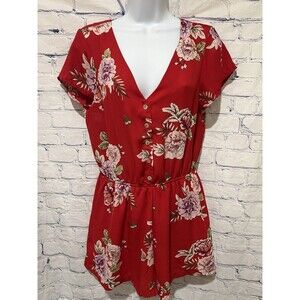As U Wish red floral print short-sleeve V- Neck Button Shorts romper Size Medium